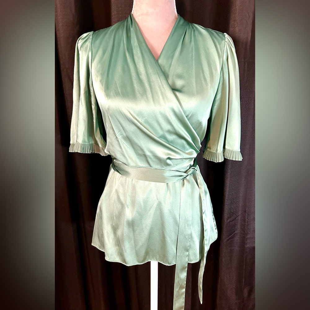 Vintage Y2K BCBGMaxAzria Light Green Silk Blend Faux Wrap Top, Size XS
